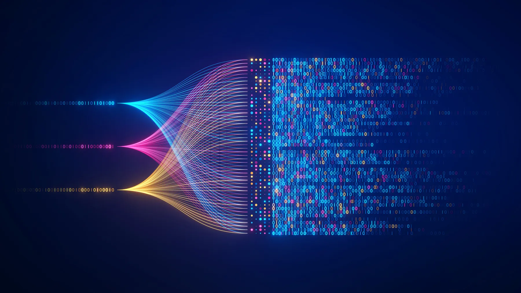 three lines of binary code begin on the left, blue on top, magenta in middle and yellow below. The lines expand then intersect as lines then jumble 1s and 0s in rectangles on the right.