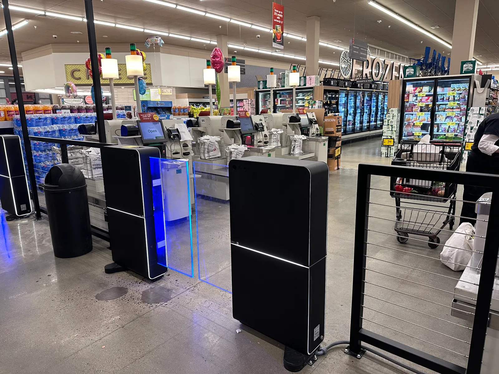 Safeway store in Washington, D.C.'s self-checkout station with receipt scanning gate