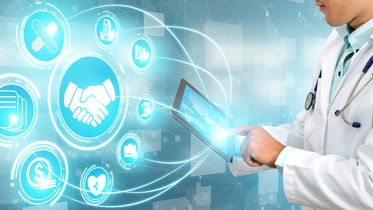 Doctor in hospital with health insurance related icon graphic interface showing healthcare people, money planning, risk management, medical treatment and coverage benefit.