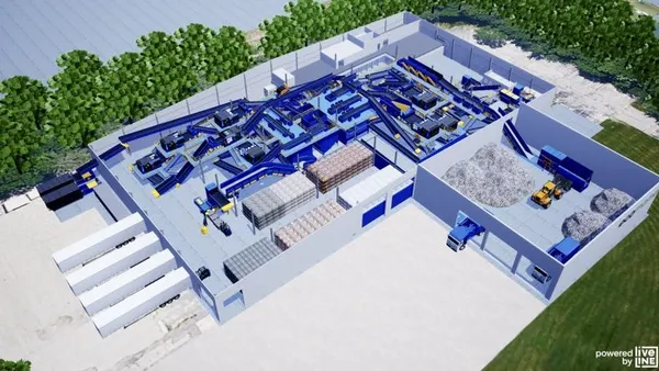 an artist rendering aerial shot of the exterior of a recycling facility