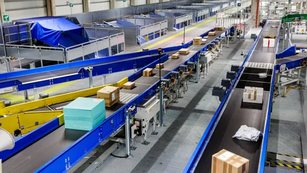 Packages passing through a parcel sorter.