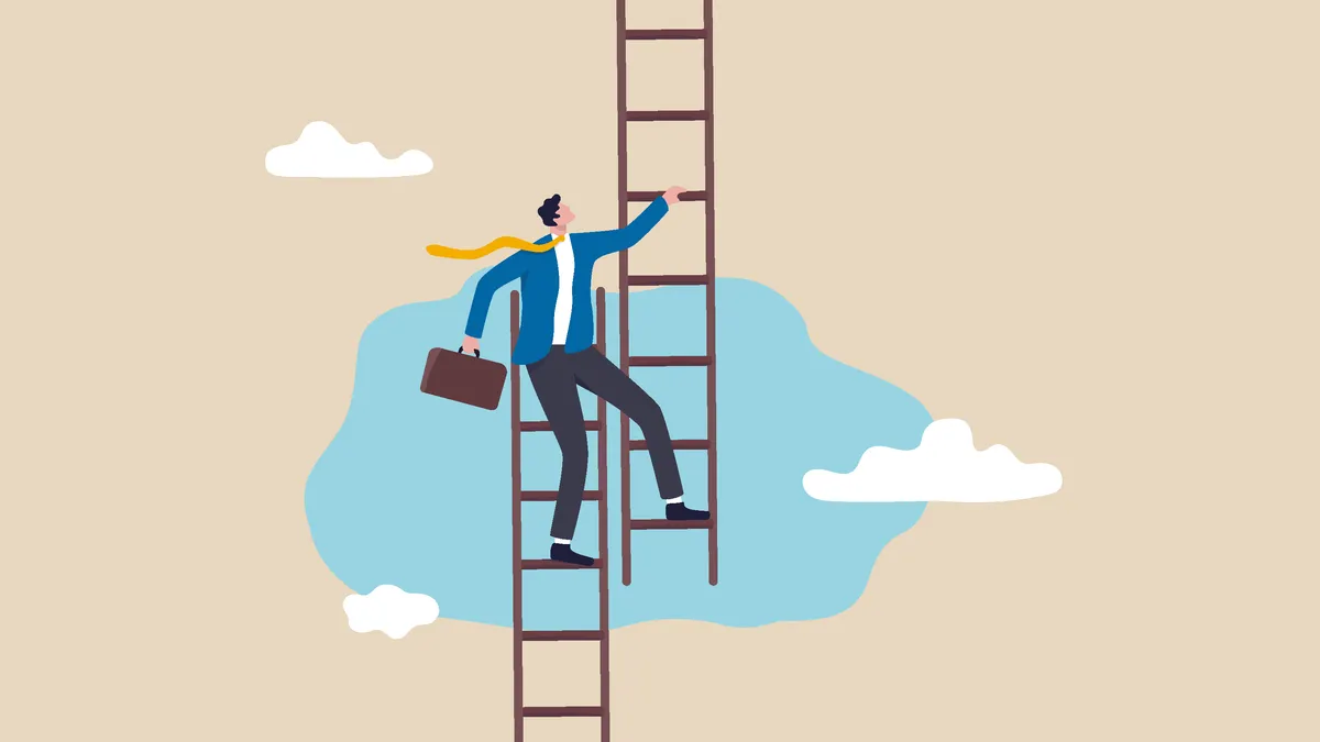 Change job to get growth opportunity, new career path development, transform business to improve for success or achieve target concept, confidence businessman climb up ladder to change to new path.