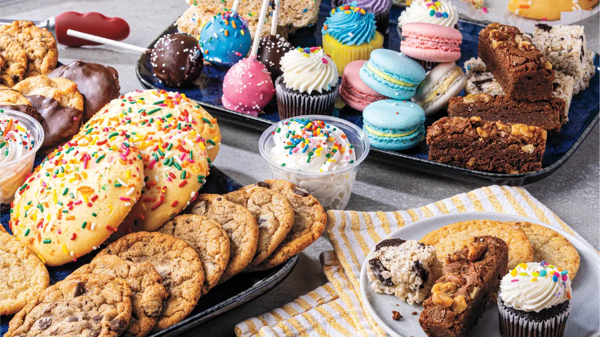 Desserts including cupcakes, cookies and brownies.