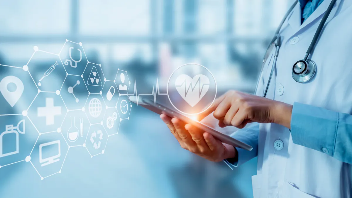 Medicine doctor touching tablet with digital healthcare and network connection and hologram modern virtual screen interface icons, Medical technology and futuristic concept.
