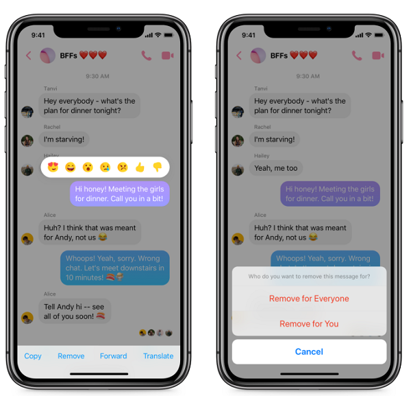 Facebook Messenger unsend screenshots