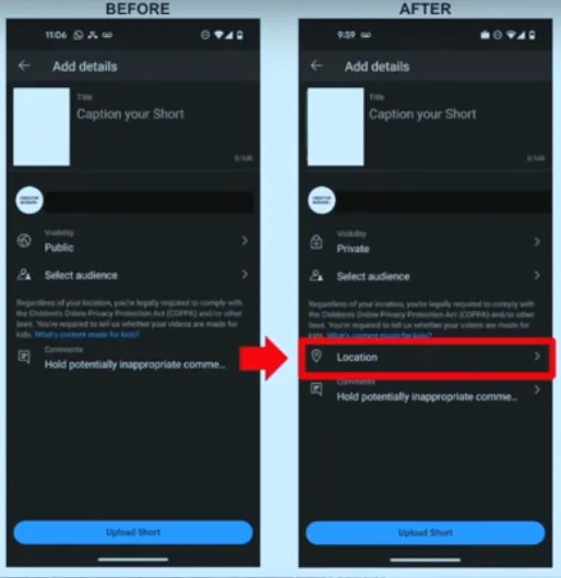 YouTube Shorts location tagging