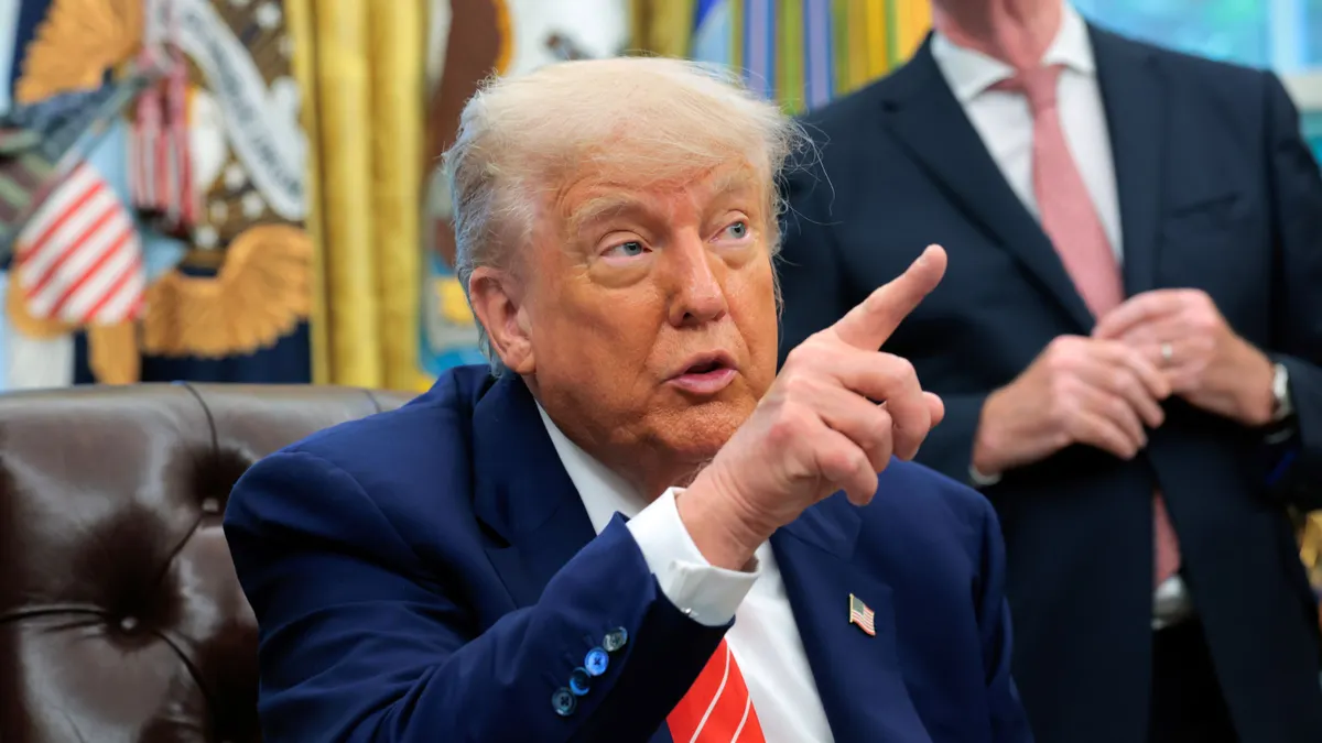 President Donald Trump speaks at the White House on May 8, 2025.