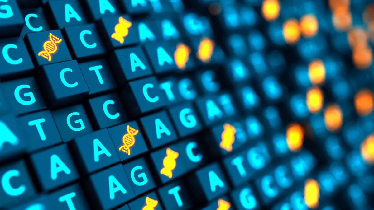 Futuristic 3D cubes showing DNA base pairs and a double helix.