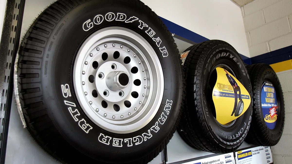 Goodyear tires are displayed at a Goodyear Tire center September 23, 2005 in Wheeling, Illinois.