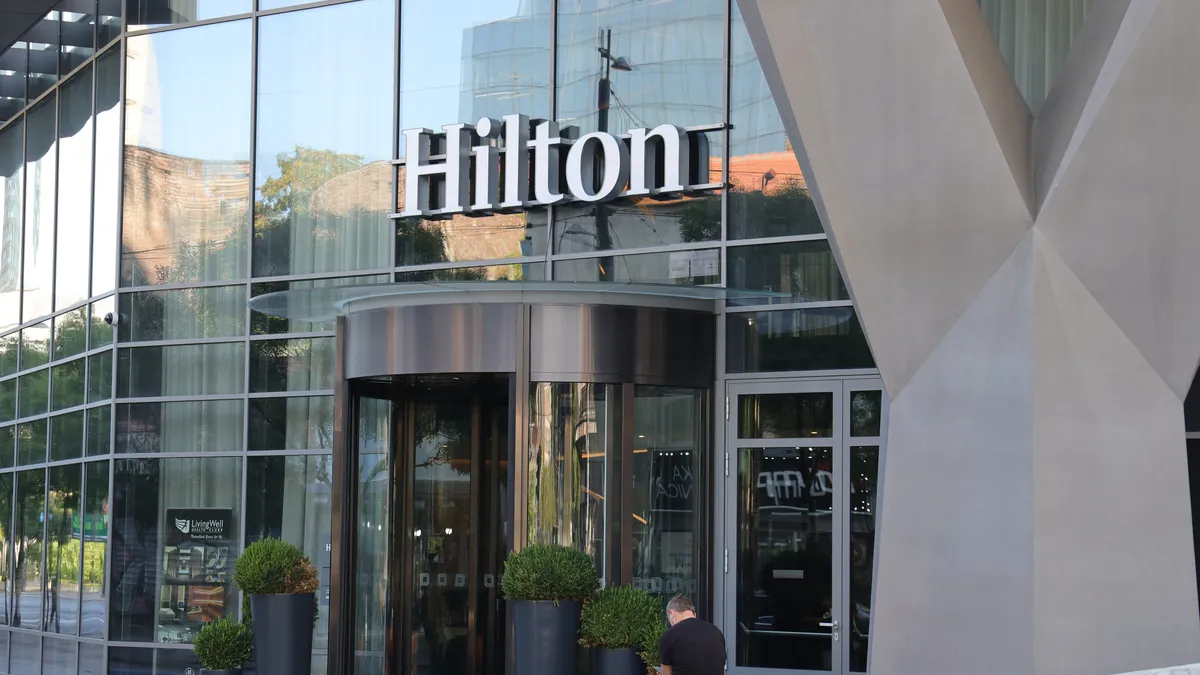 The exterior of a Hilton hotel.