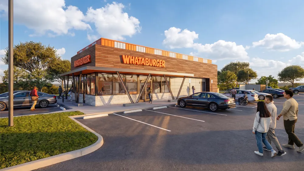 A rendering of a restaurant with wood tones and orange and white stripes