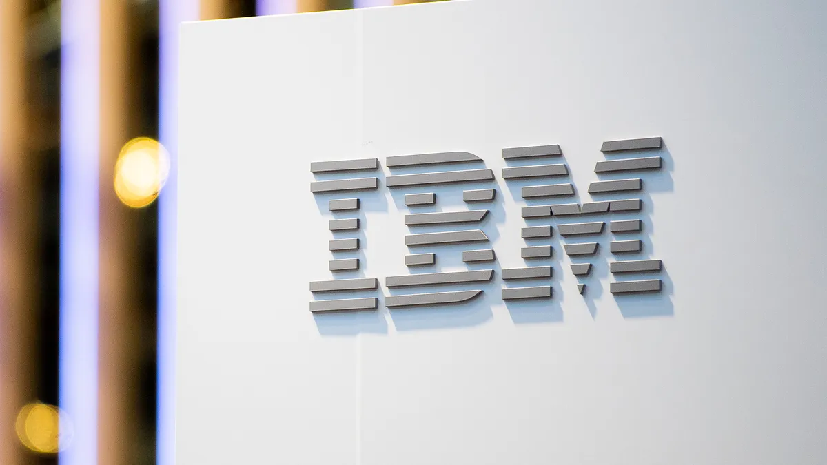 A logo sits illumintated outside the IBM booth on day 2 of the GSMA Mobile World Congress 2019 on February 26, 2019 in Barcelona, Spain.