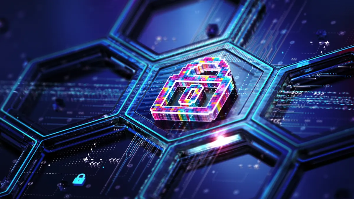 a padlock inside a hexagon