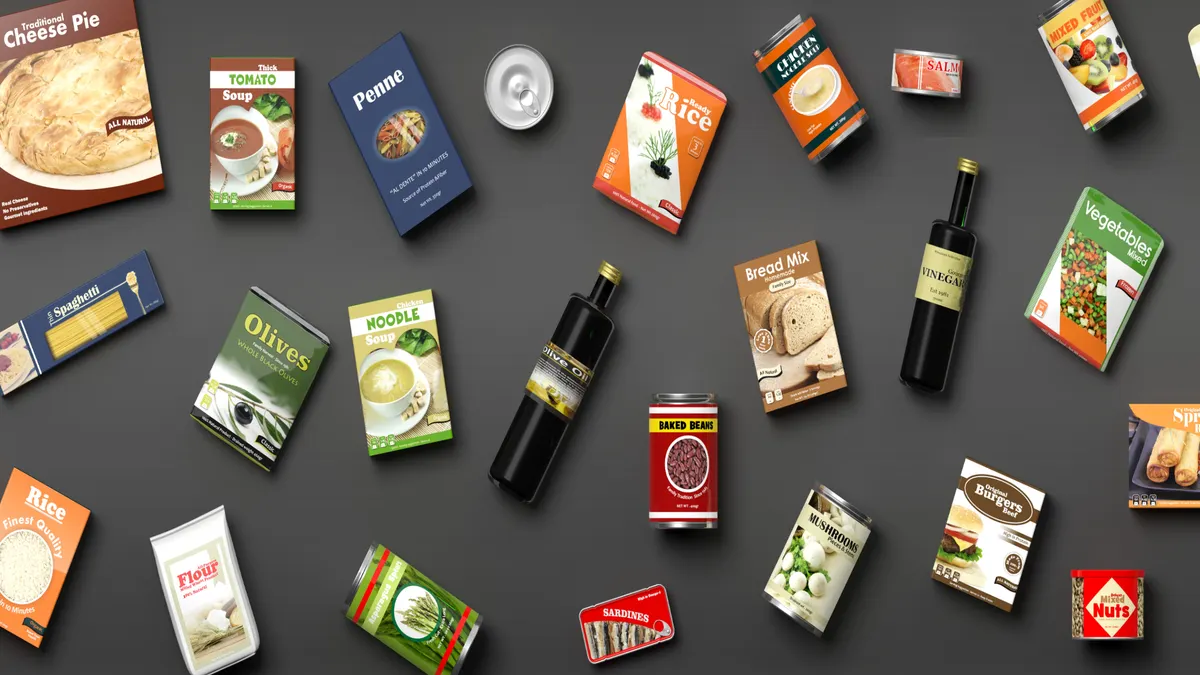 Packages of food and beverages.