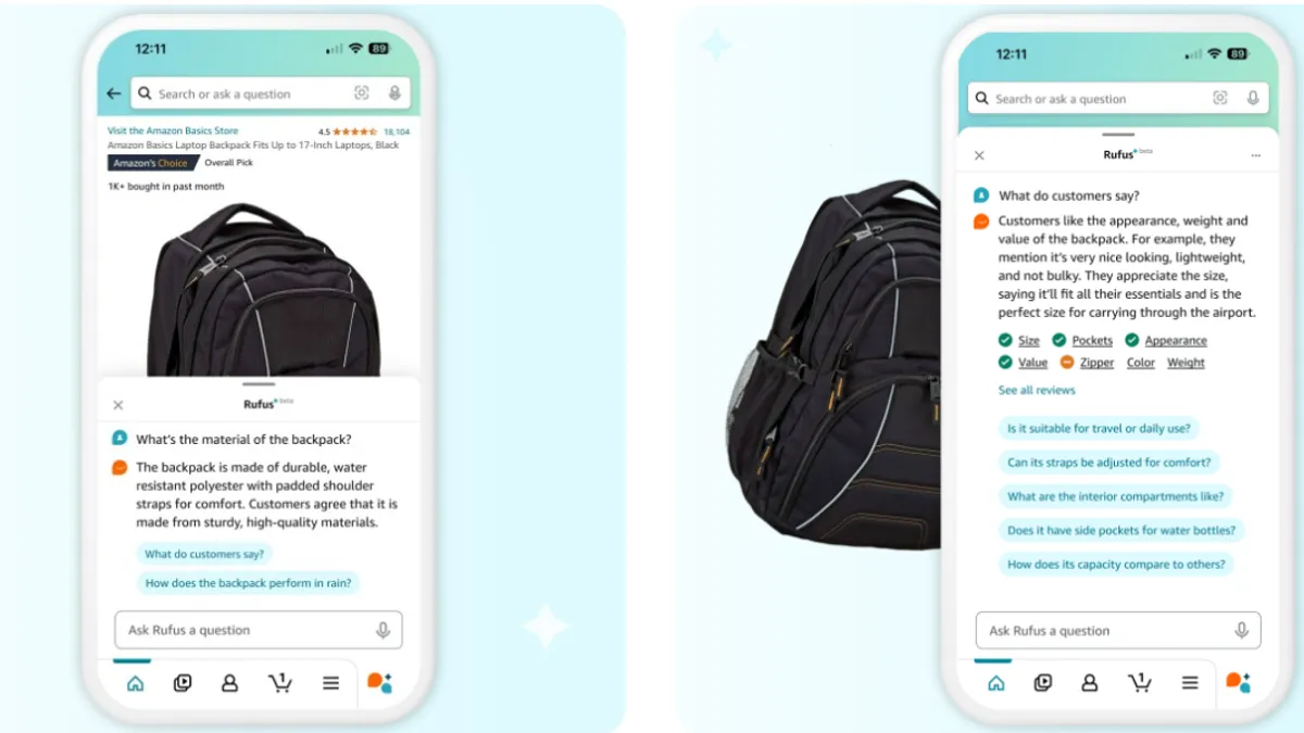 Two mobile phones on Amazon's app featuring Rufus AI assistant.
