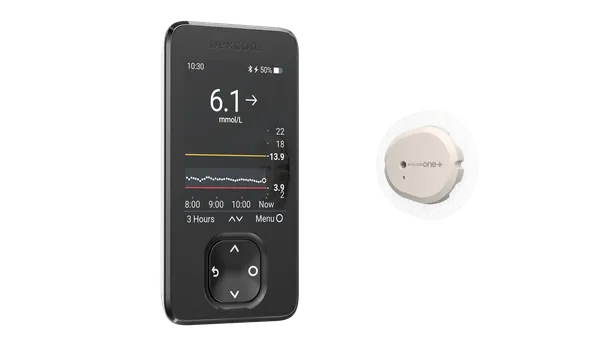 A black, rectangular device displays a blood glucose reading, while a white patch that says Dexcom One+ is to the right.