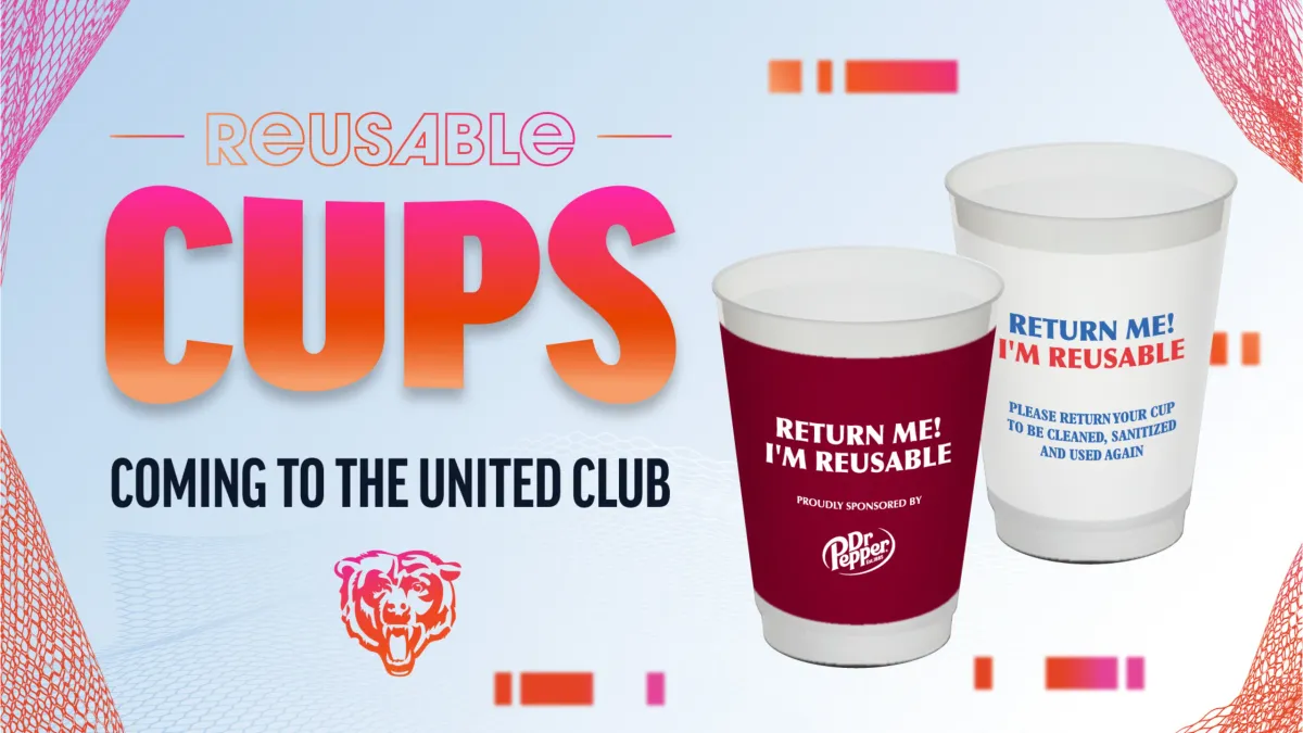 Two cups with messaging indicating they are reusable next to the Chicago Bears logo.