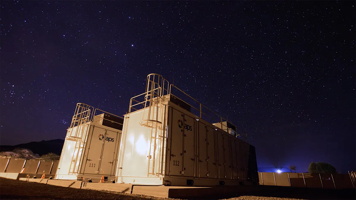 Punkin Energy Storage battery storage systems seen at night in Arizona.