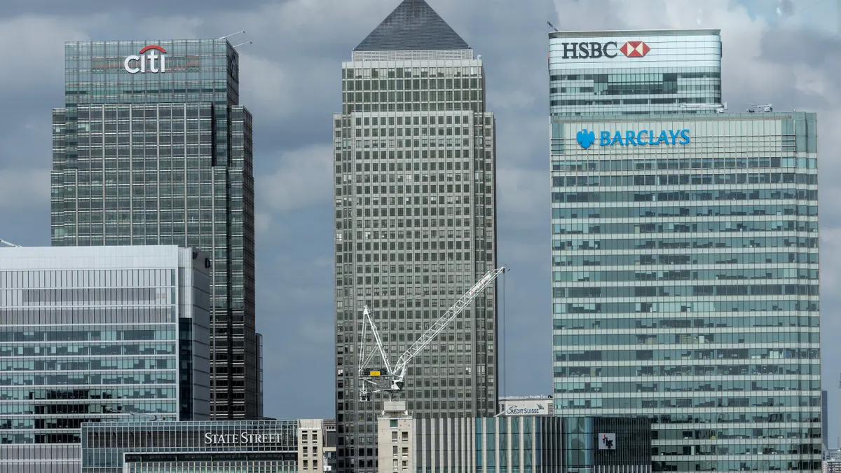 The Canary Wharf business district including global financial institutions Citigroup Inc., State Street Corp., Barclays Plc, HSBC Holdings Plc and the commercial office block No. 1 Canada Square, on the Isle of Dogs seen on June 22, 2023 in London, England.