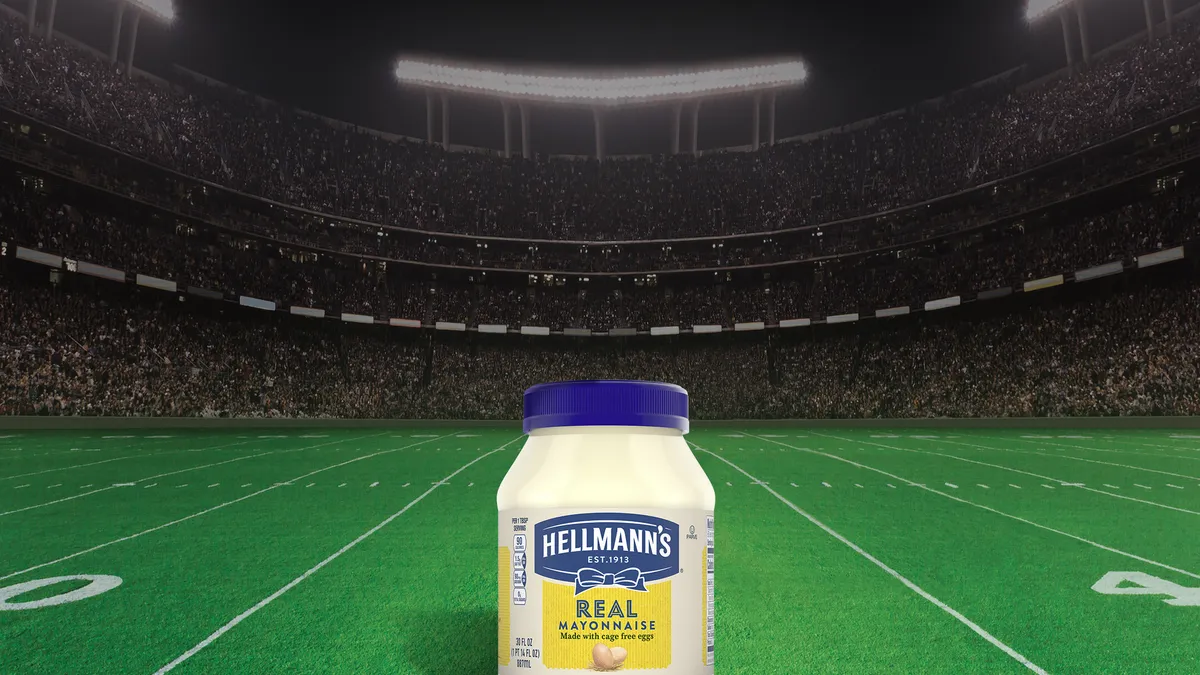 Hellmann's mayo sits on a football field for an image announcing the brand's presence in the 2025 Super Bowl.