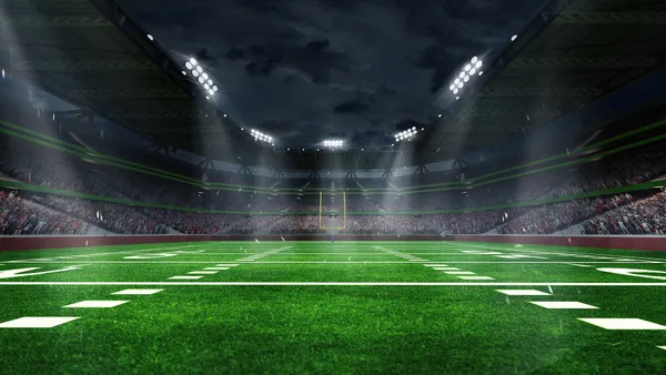 3d render of an American football arena with yellow goal post, grass field and blurred fans at playground view