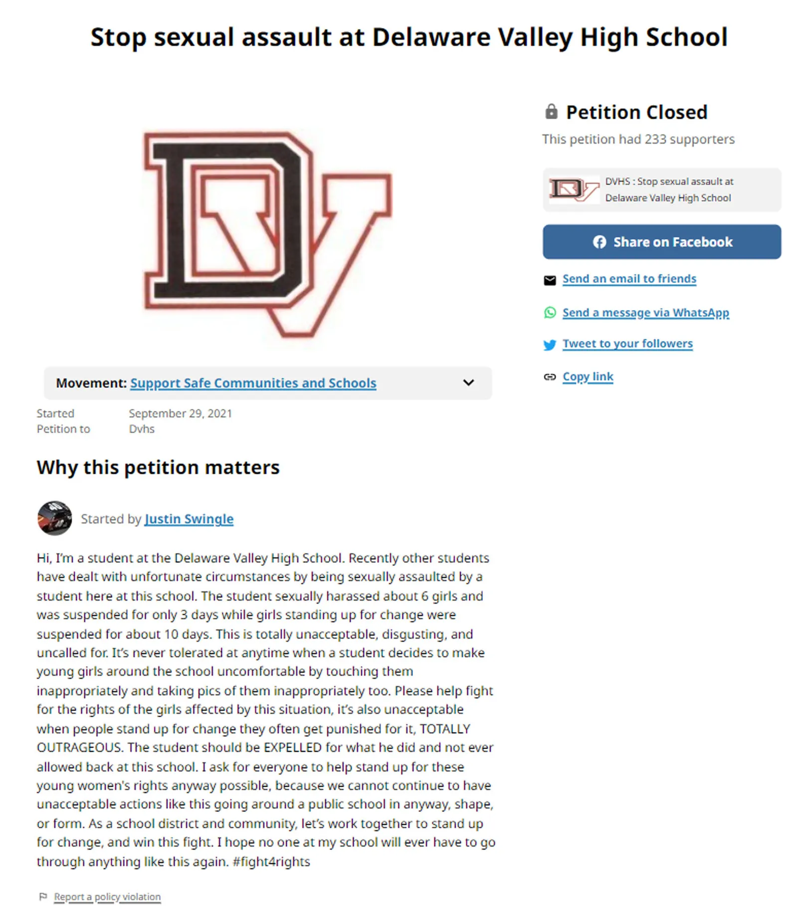 Petition against Delaware Valley High School