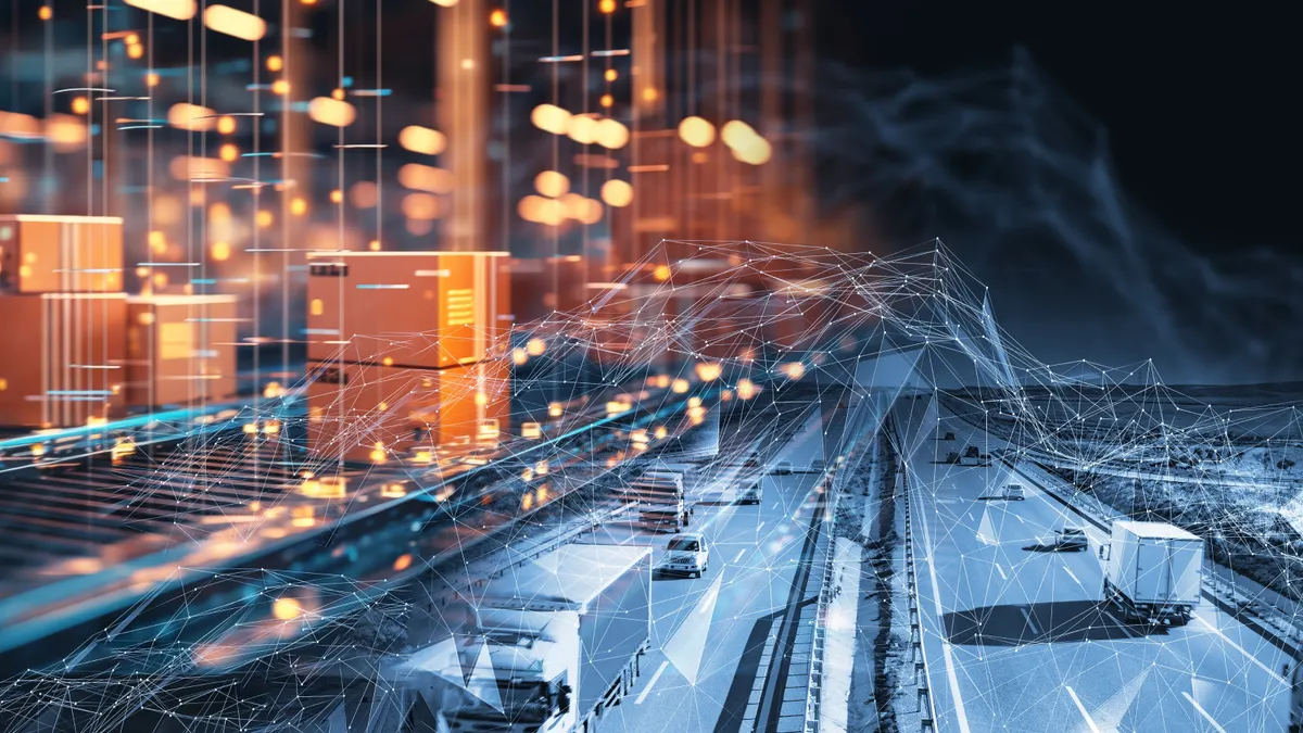 Abstract design of trucks, boxes and conveyor belts