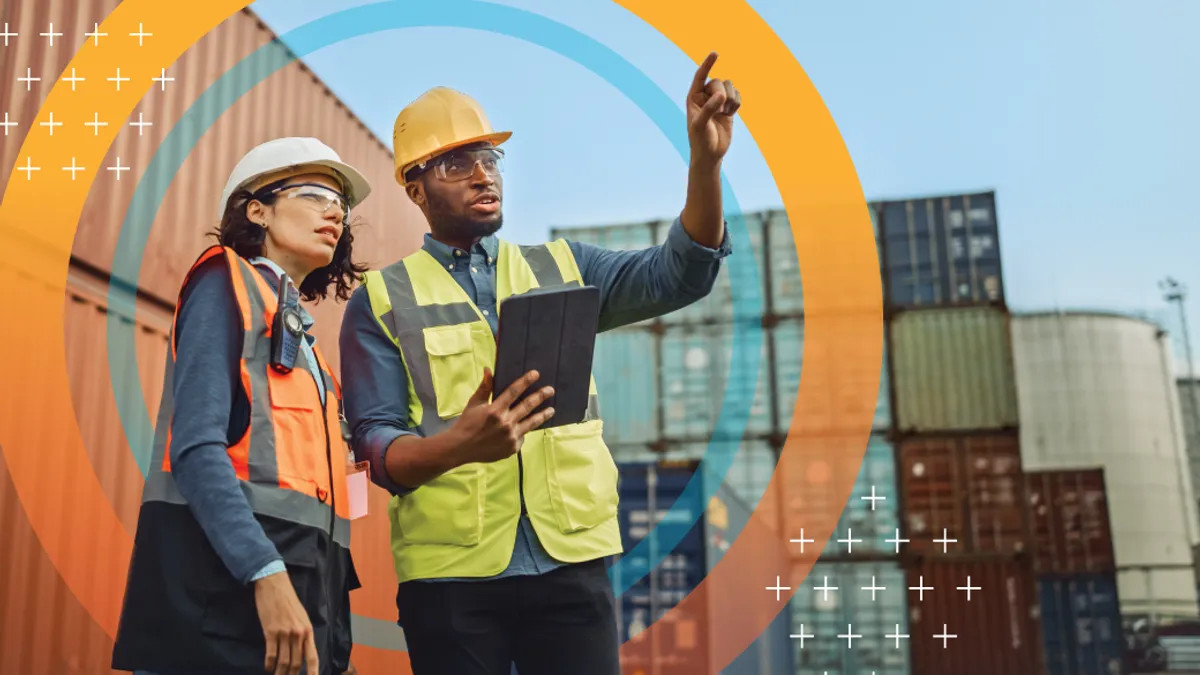 Workers in Hard Hats and Safety Vests Stand in Container Terminal.