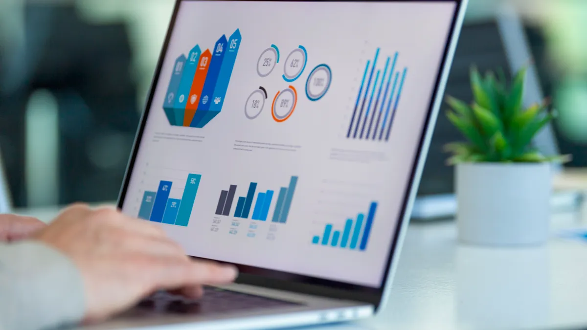 Close up of a person using a laptop with graphs and charts on a laptop computer.