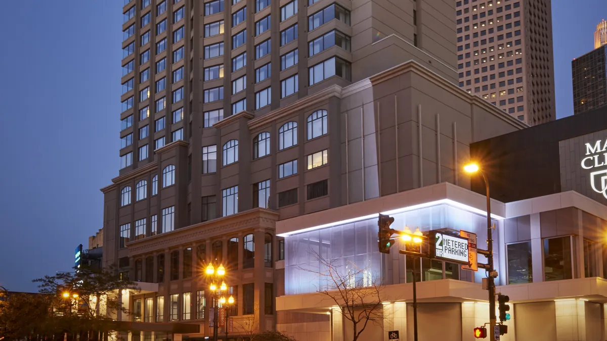 An exterior image of the Loews Minneapolis Hotel, which will be rebranded to Hilton.