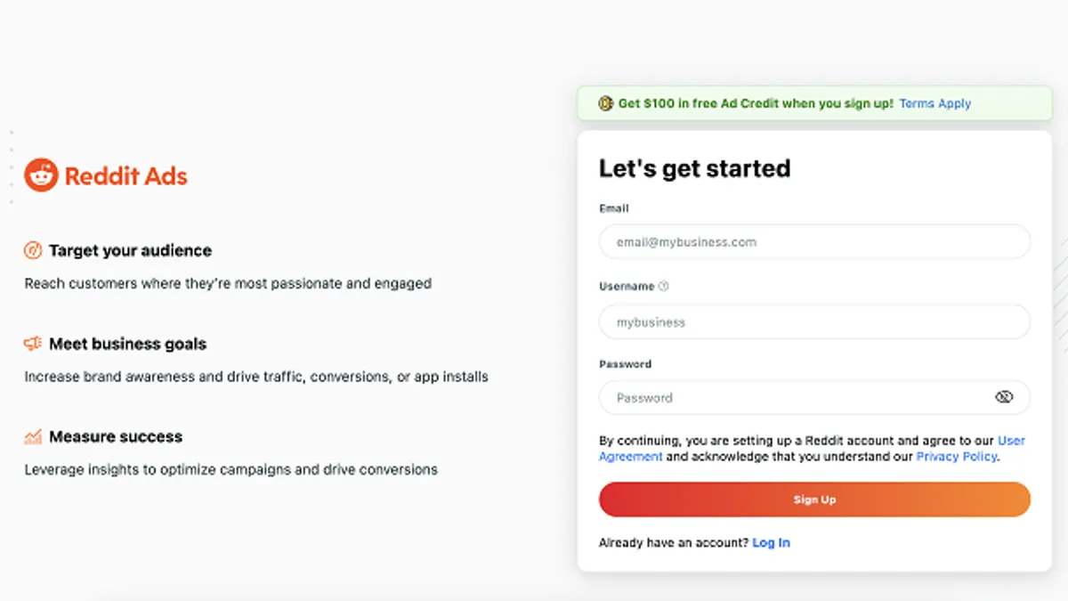 Reddit Ads sign up page