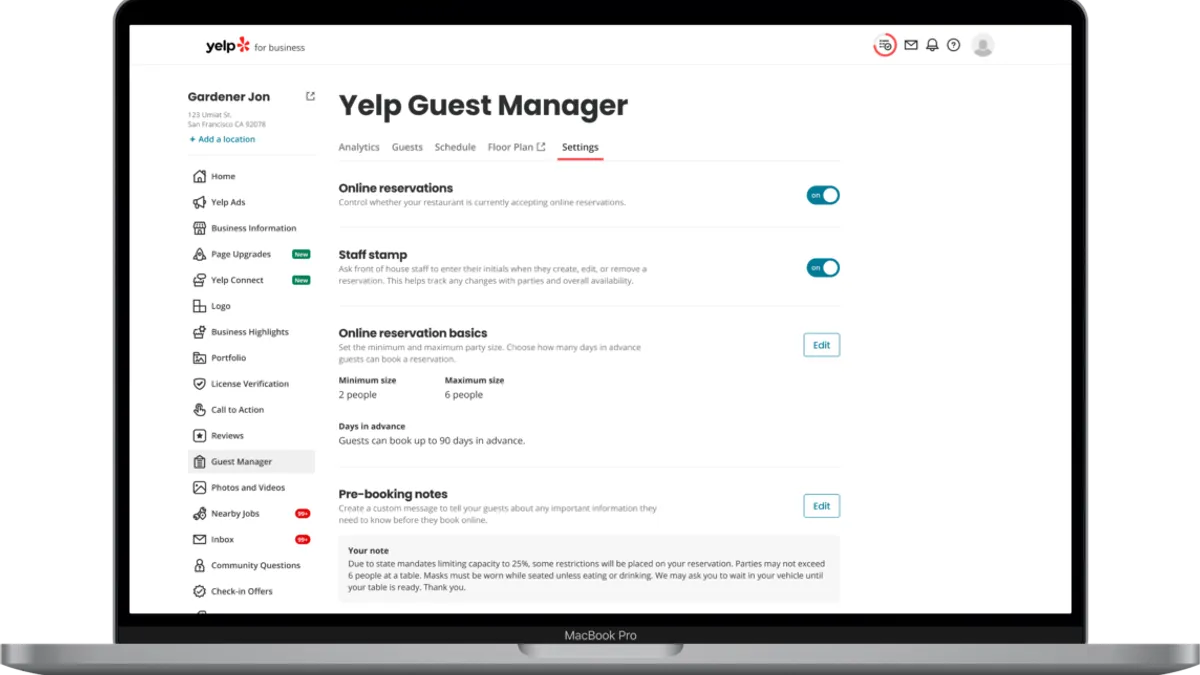 An image of Yelp's reservation management platform.