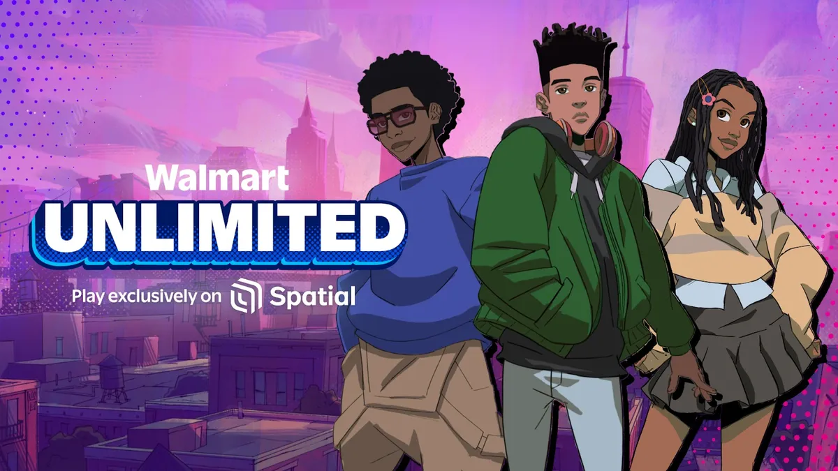 A trio of cartoon characters stand against a purple cityscape in a promo image for Walmart Unlimited