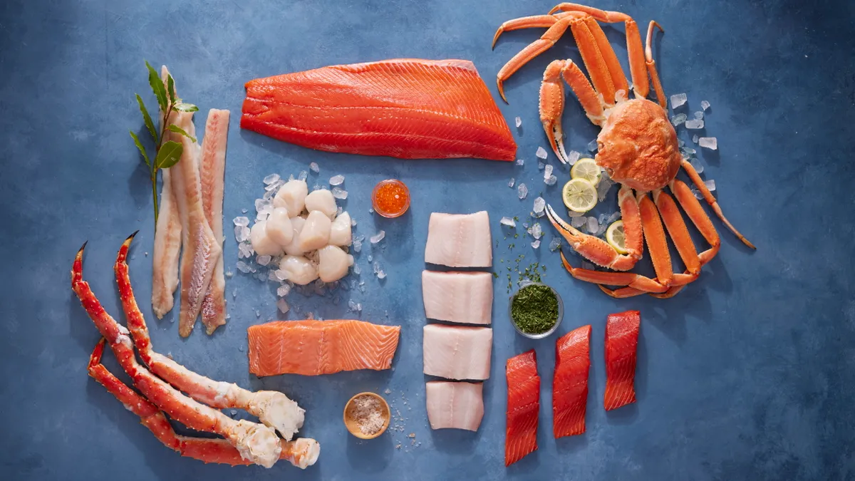 Seafood ingredients laid out on a table