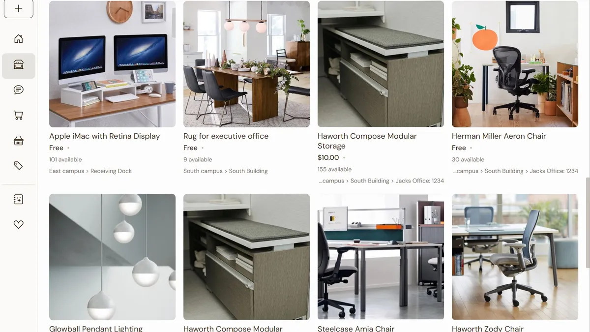 A screenshot of the Rheaply website with office furniture listings