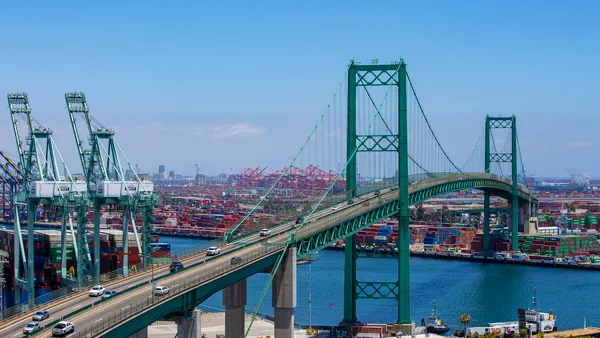 An aerial image of a large bridge.