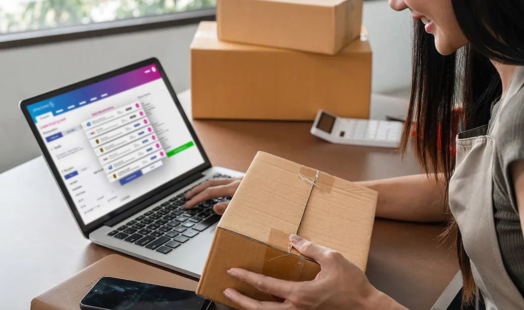 person holding box and searching on laptop