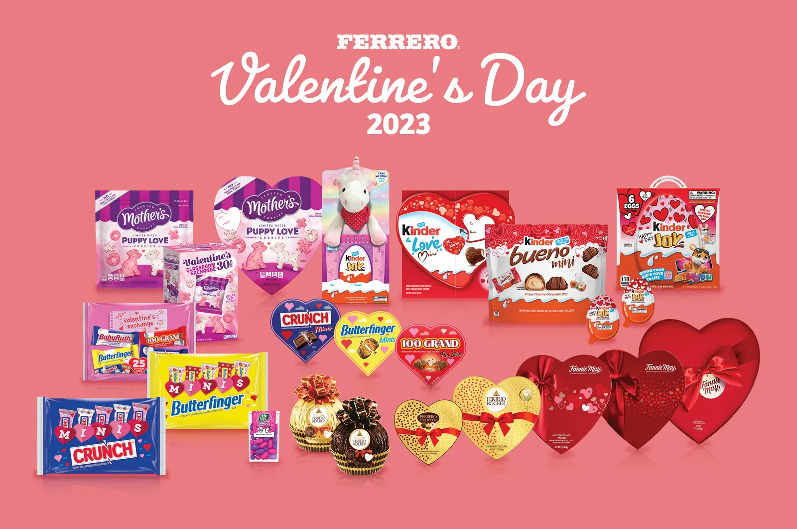 Ferrero's Valentine's Day candy lineup, with items from many of the company's brands, on a pink background.