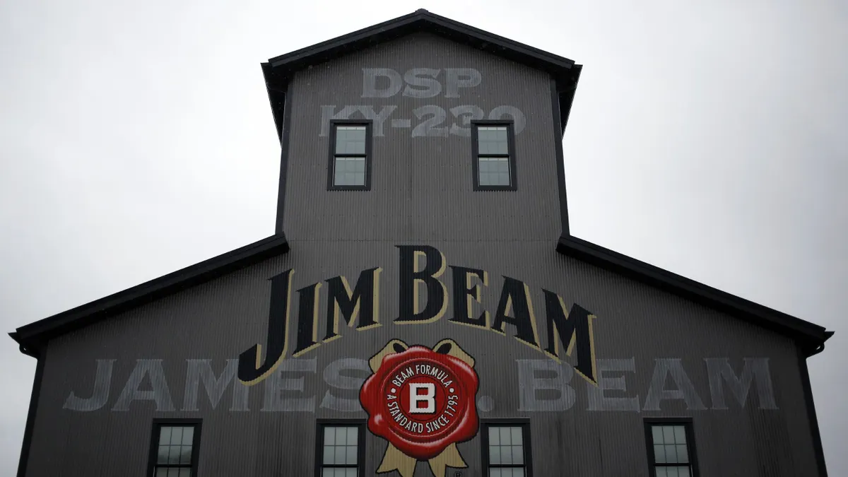 The Jim Beam distillery is pictured on a grey day.