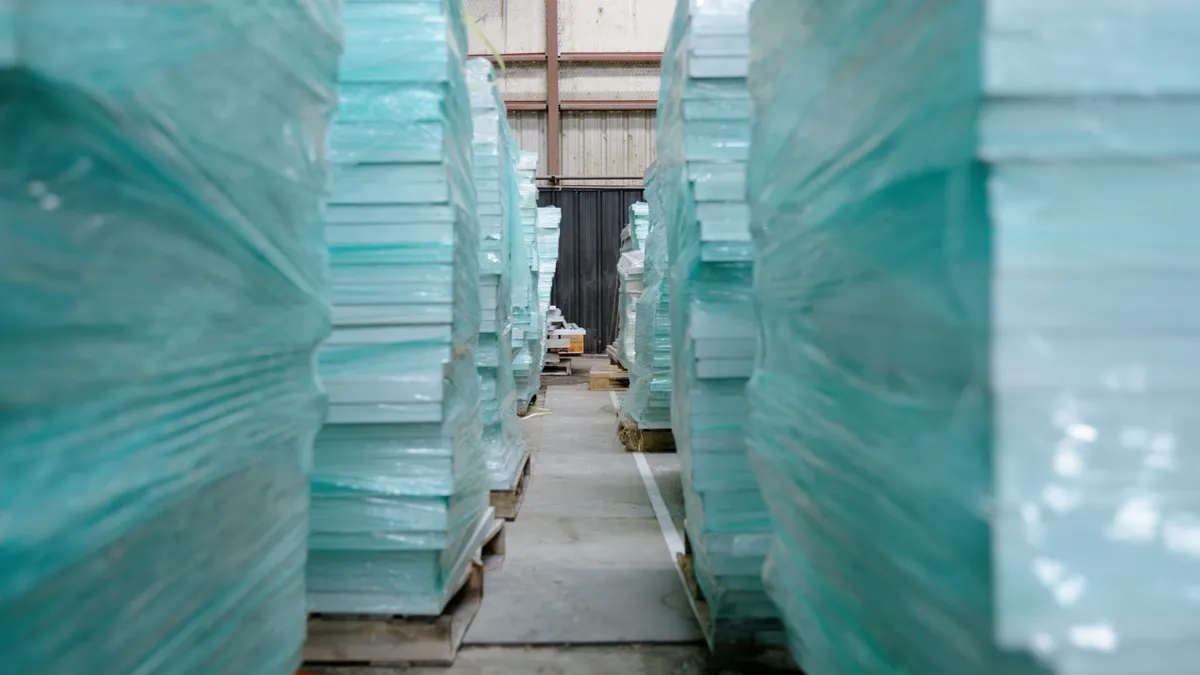 Panels stacked in Solarcycle's solar panel recycling factory in Odessa, Texas.