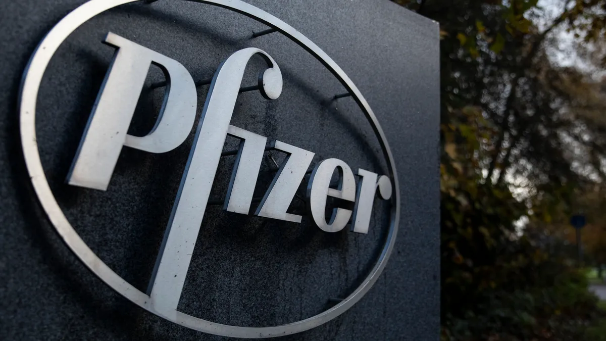 A general view of the Pfizer Headquarters sign on November 10, 2020 in Tadworth, England.