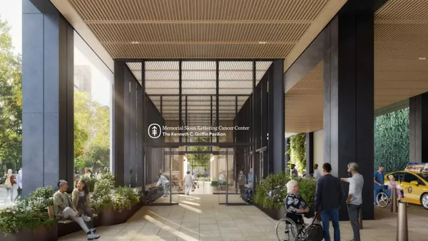 A rendering of the entrance of a building in soft lighting. The entrance reads "Memorial Sloan Kettering Cancer Center, The Kenneth C. Griffin Pavilion."