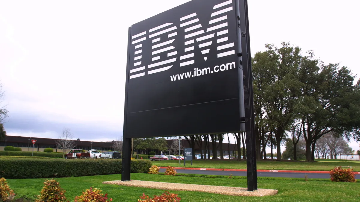 A sign stands at the main entrance of the IBM campus in Austin, Texas.