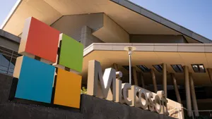 The Microsoft logo is pictures on the technology company's headquarters in Redmond, Washington, on July 3, 2024.