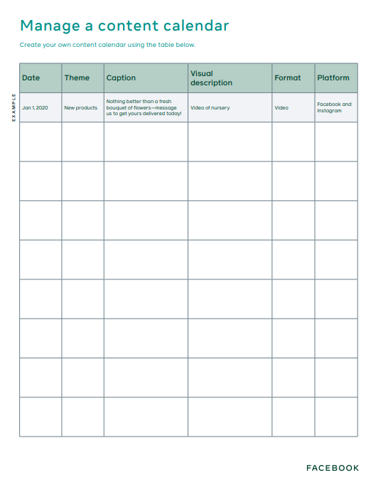 Facebook content calendar template