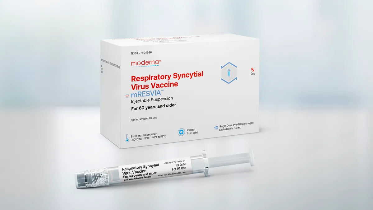 A product image of Moderna's RSV shot mRESVIA in its packaged box with syringe in front of the box