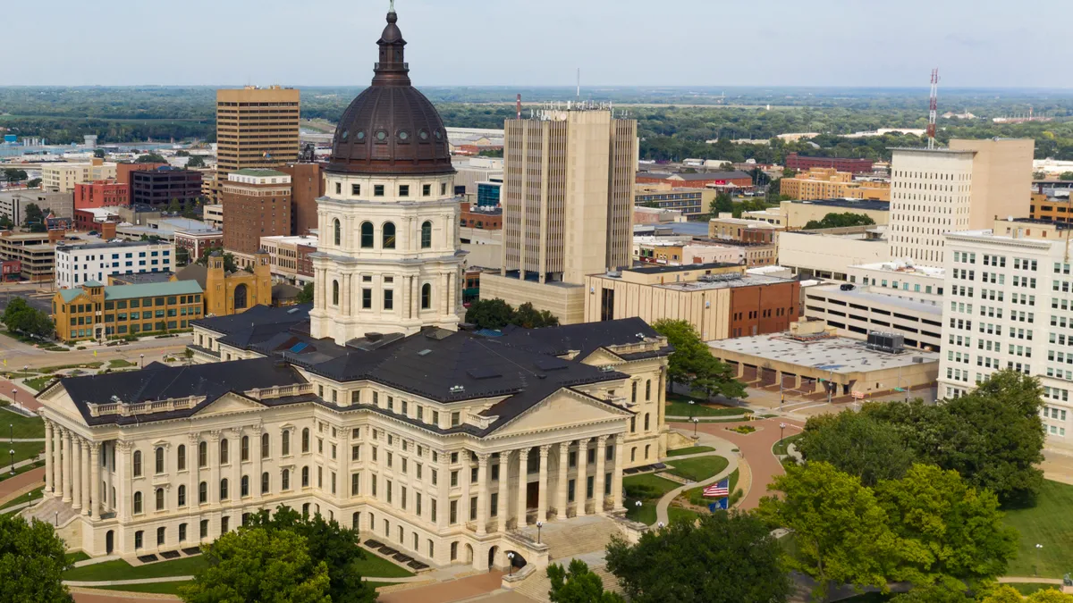 An aerial view of the capital statehouse grounds in Topeaka Kansas USA