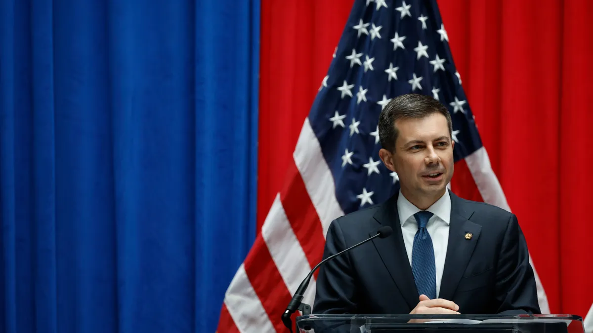 U.S. Transportation Secretary Pete Buttigieg at the Transportation Department building on May 09, 2023 in Washington, DC.