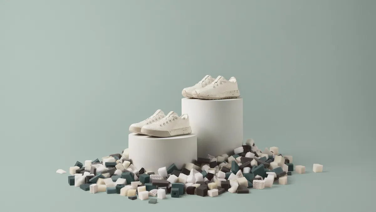 A picture of the Allbirds Runner NZ Remix and Cruiser Remix on blocks surrounded by foam pieces