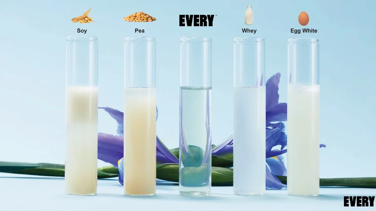 The Every Company's ClearEgg protein in water, compared to other protein powders.